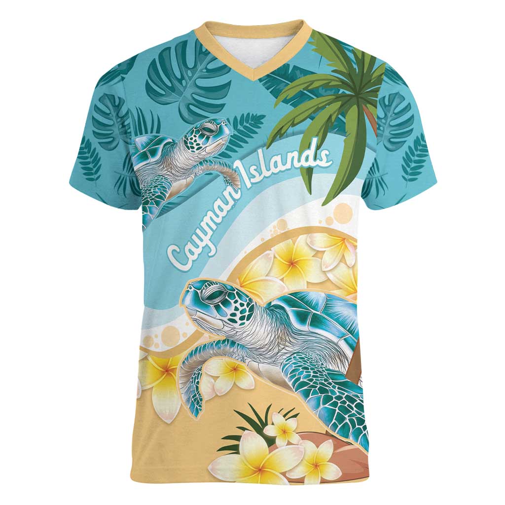Cayman Islands Women V-Neck T-Shirt Sea Turtle Plumeria Tropical Vibes