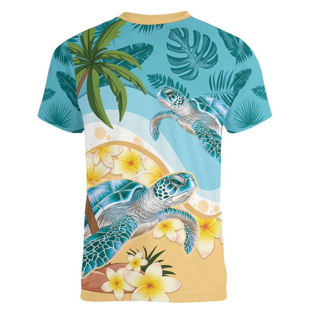 Cayman Islands Women V-Neck T-Shirt Sea Turtle Plumeria Tropical Vibes