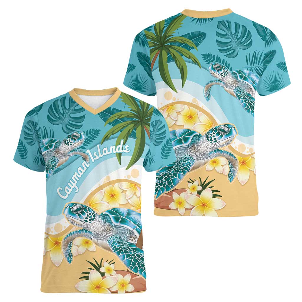 Cayman Islands Women V-Neck T-Shirt Sea Turtle Plumeria Tropical Vibes