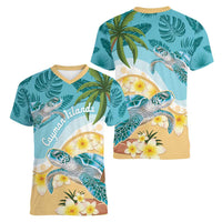 Cayman Islands Women V-Neck T-Shirt Sea Turtle Plumeria Tropical Vibes