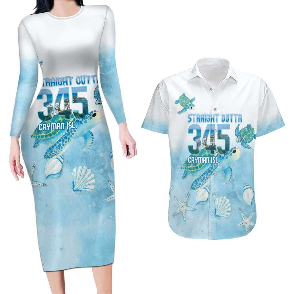 Cayman Islands 345 Couples Matching Long Sleeve Bodycon Dress and Hawaiian Shirt Sea Turtle Watercolor Style
