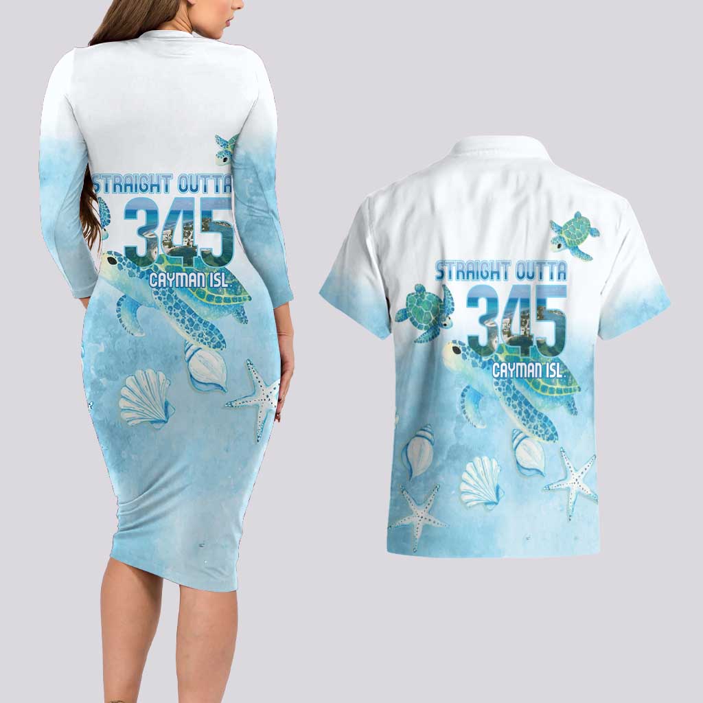 Cayman Islands 345 Couples Matching Long Sleeve Bodycon Dress and Hawaiian Shirt Sea Turtle Watercolor Style