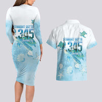 Cayman Islands 345 Couples Matching Long Sleeve Bodycon Dress and Hawaiian Shirt Sea Turtle Watercolor Style
