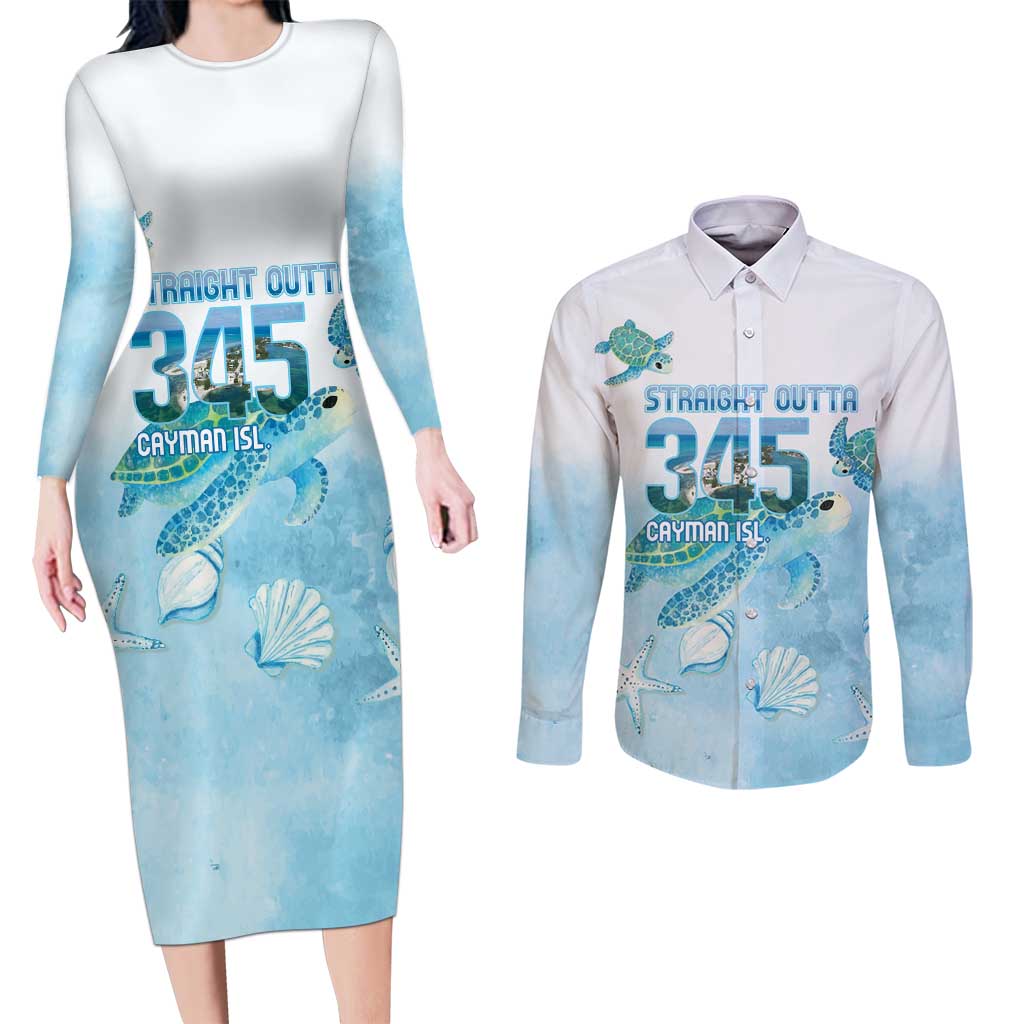 Cayman Islands 345 Couples Matching Long Sleeve Bodycon Dress and Long Sleeve Button Shirt Sea Turtle Watercolor Style