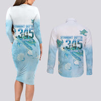 Cayman Islands 345 Couples Matching Long Sleeve Bodycon Dress and Long Sleeve Button Shirt Sea Turtle Watercolor Style