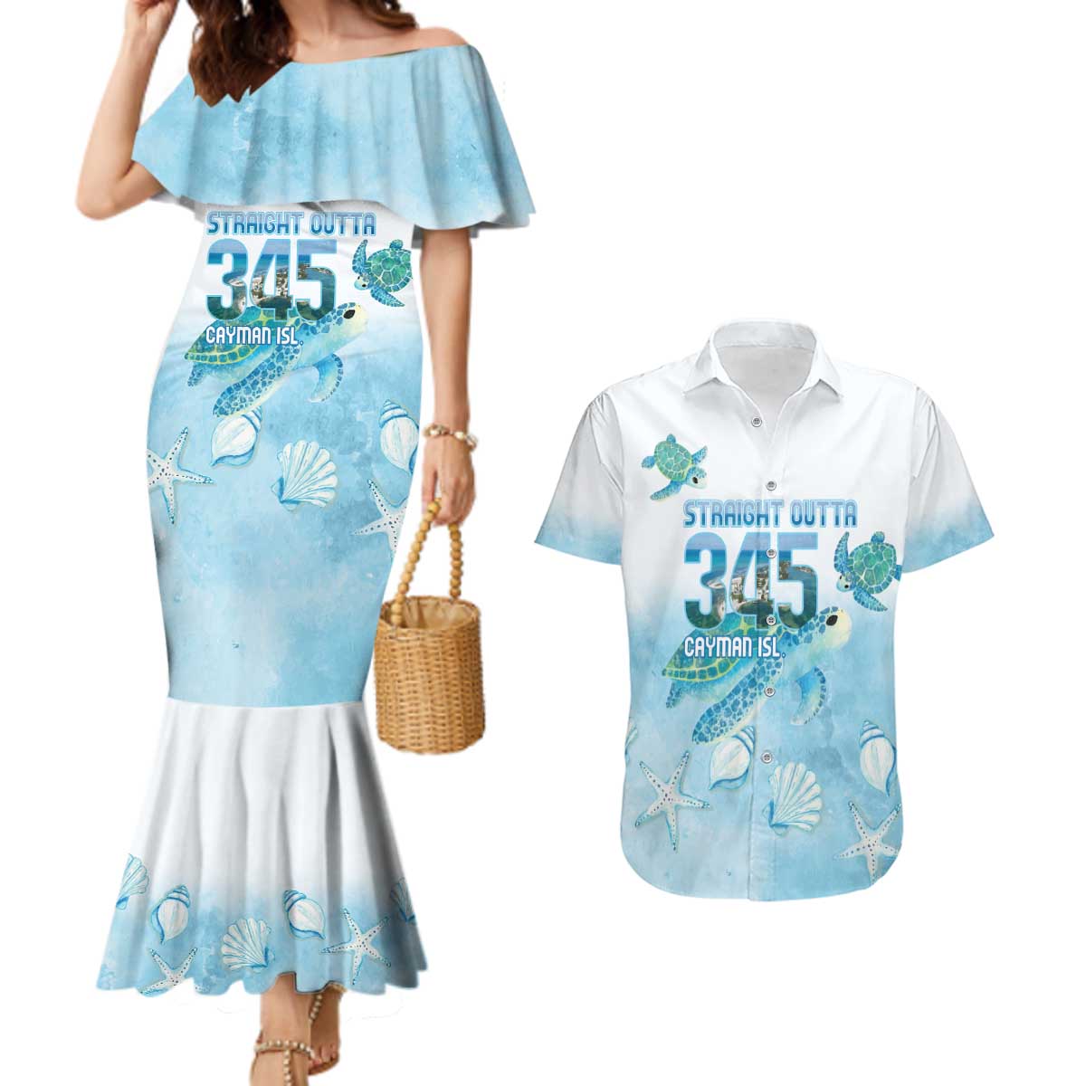 Cayman Islands 345 Couples Matching Mermaid Dress and Hawaiian Shirt Sea Turtle Watercolor Style