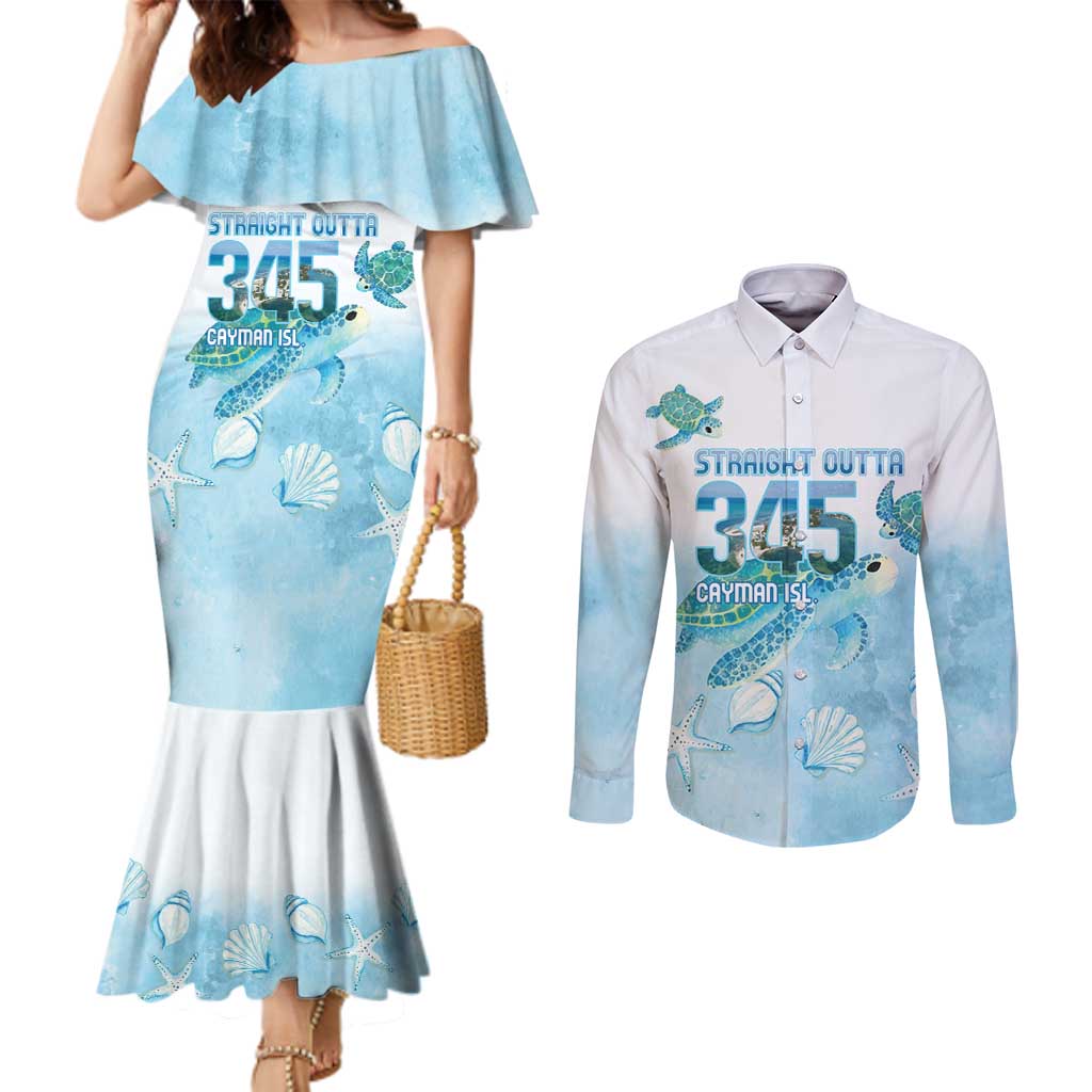 Cayman Islands 345 Couples Matching Mermaid Dress and Long Sleeve Button Shirt Sea Turtle Watercolor Style