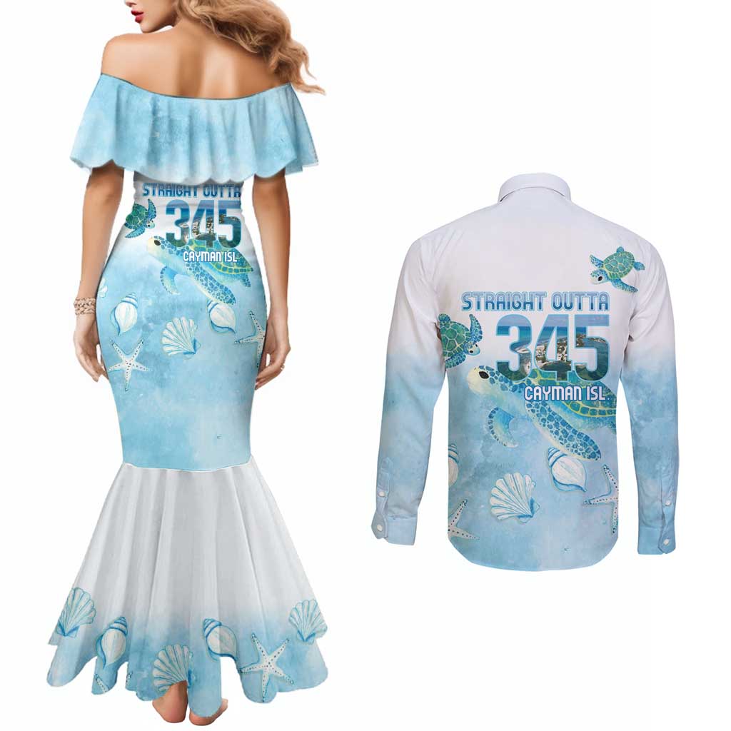 Cayman Islands 345 Couples Matching Mermaid Dress and Long Sleeve Button Shirt Sea Turtle Watercolor Style