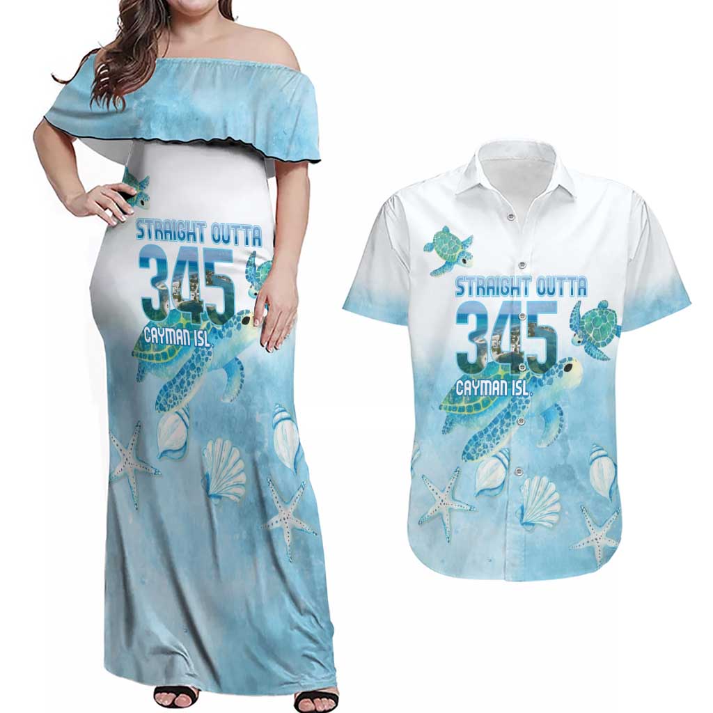 Cayman Islands 345 Couples Matching Off Shoulder Maxi Dress and Hawaiian Shirt Sea Turtle Watercolor Style
