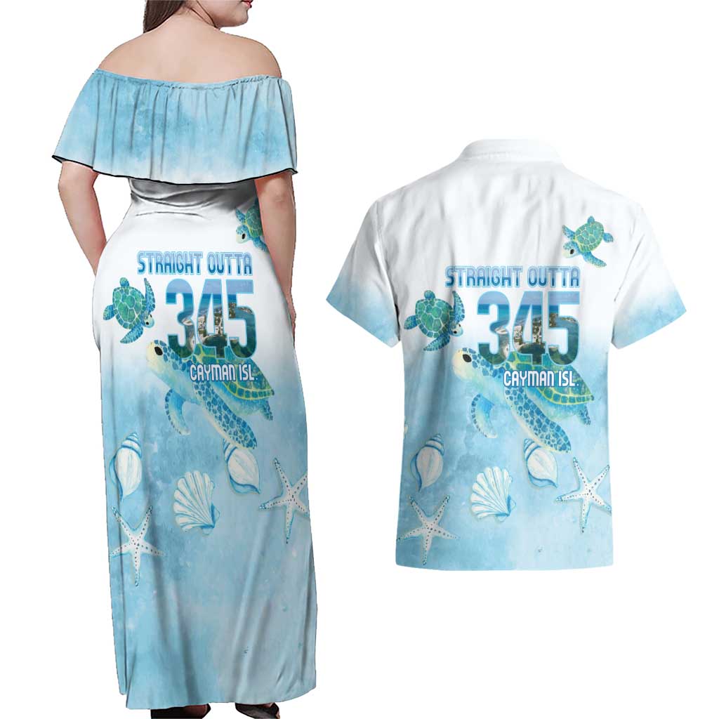 Cayman Islands 345 Couples Matching Off Shoulder Maxi Dress and Hawaiian Shirt Sea Turtle Watercolor Style