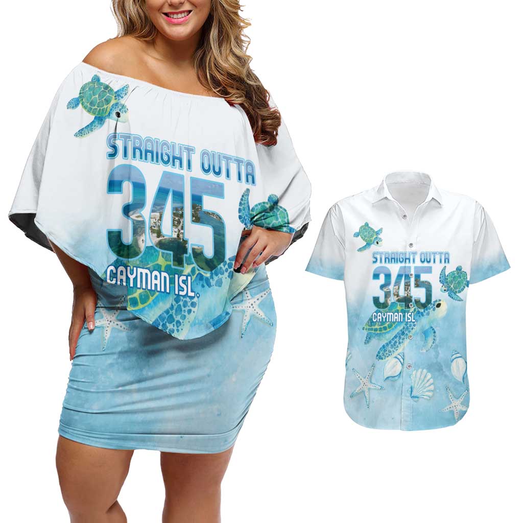 Cayman Islands 345 Couples Matching Off Shoulder Short Dress and Hawaiian Shirt Sea Turtle Watercolor Style