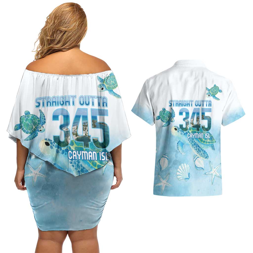 Cayman Islands 345 Couples Matching Off Shoulder Short Dress and Hawaiian Shirt Sea Turtle Watercolor Style