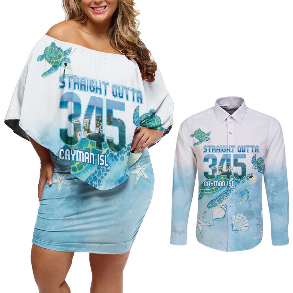 Cayman Islands 345 Couples Matching Off Shoulder Short Dress and Long Sleeve Button Shirt Sea Turtle Watercolor Style