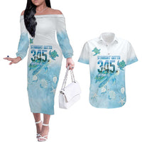 Cayman Islands 345 Couples Matching Off The Shoulder Long Sleeve Dress and Hawaiian Shirt Sea Turtle Watercolor Style