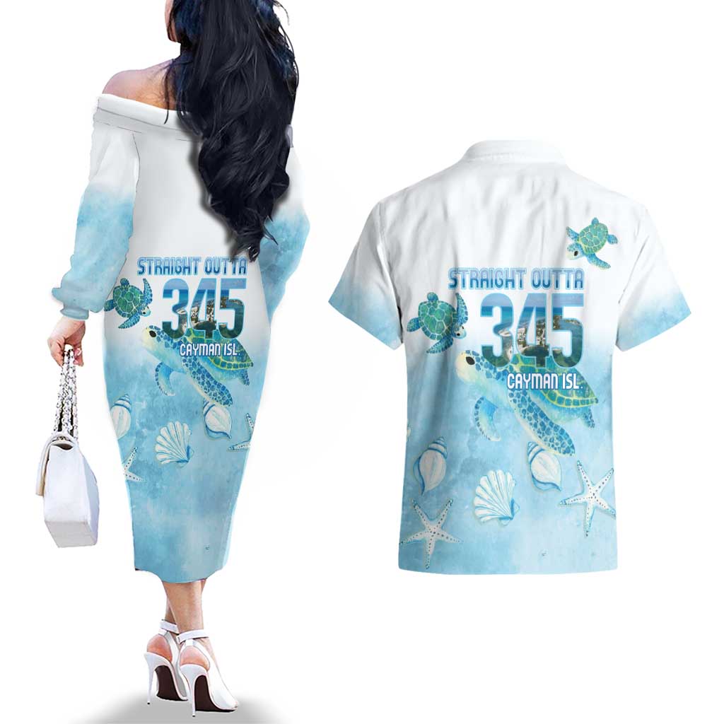 Cayman Islands 345 Couples Matching Off The Shoulder Long Sleeve Dress and Hawaiian Shirt Sea Turtle Watercolor Style