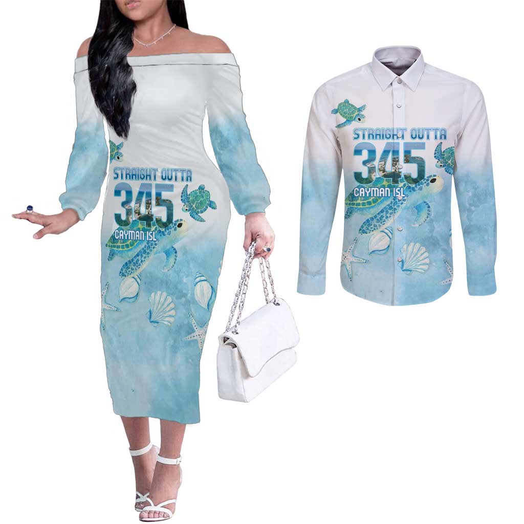 Cayman Islands 345 Couples Matching Off The Shoulder Long Sleeve Dress and Long Sleeve Button Shirt Sea Turtle Watercolor Style