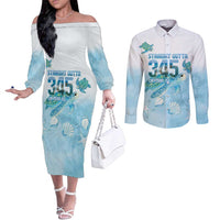 Cayman Islands 345 Couples Matching Off The Shoulder Long Sleeve Dress and Long Sleeve Button Shirt Sea Turtle Watercolor Style