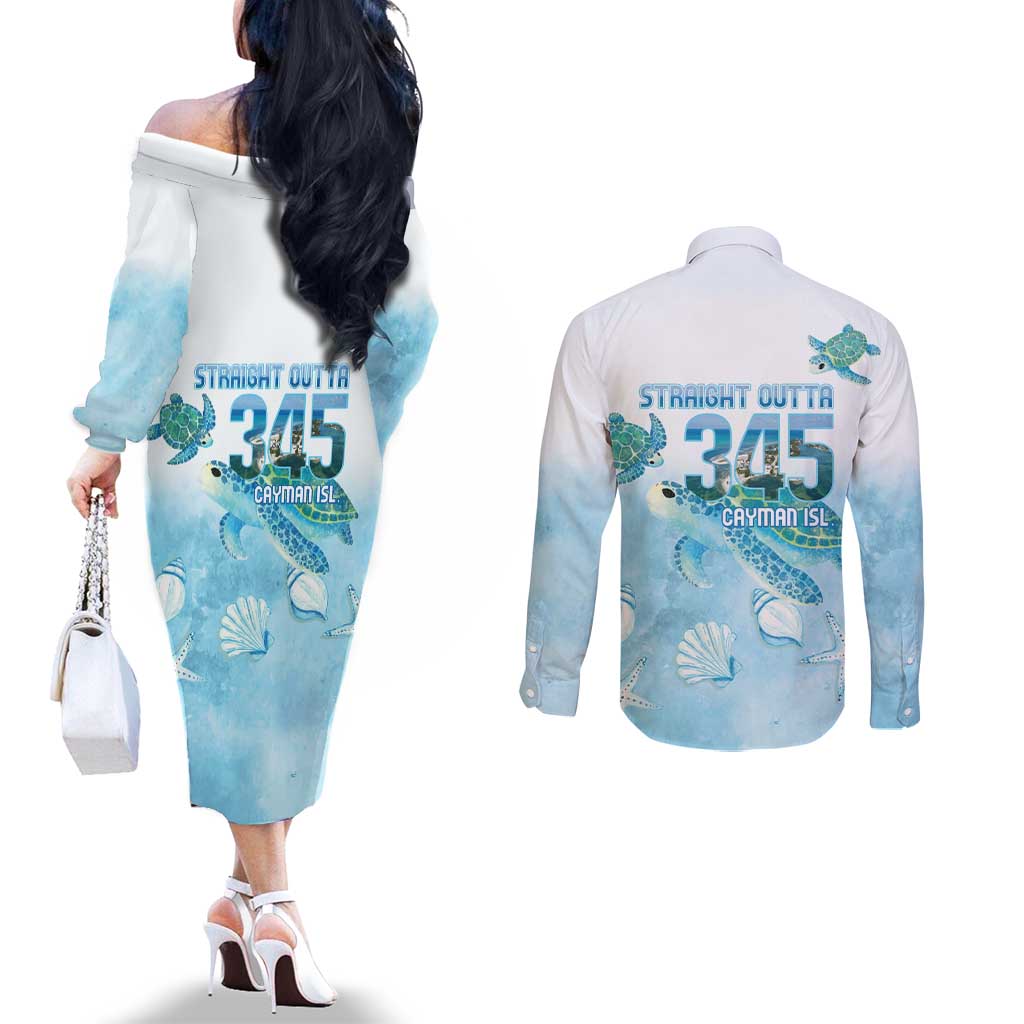 Cayman Islands 345 Couples Matching Off The Shoulder Long Sleeve Dress and Long Sleeve Button Shirt Sea Turtle Watercolor Style