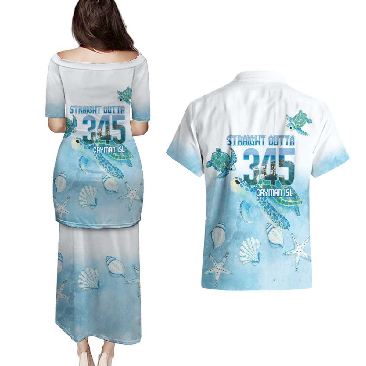 Cayman Islands 345 Couples Matching Puletasi and Hawaiian Shirt Sea Turtle Watercolor Style