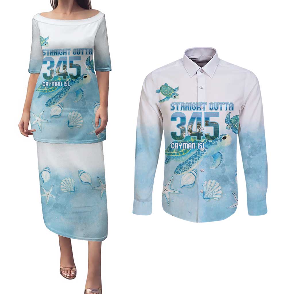 Cayman Islands 345 Couples Matching Puletasi and Long Sleeve Button Shirt Sea Turtle Watercolor Style