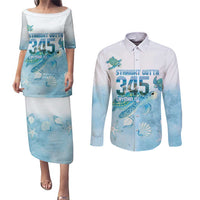 Cayman Islands 345 Couples Matching Puletasi and Long Sleeve Button Shirt Sea Turtle Watercolor Style