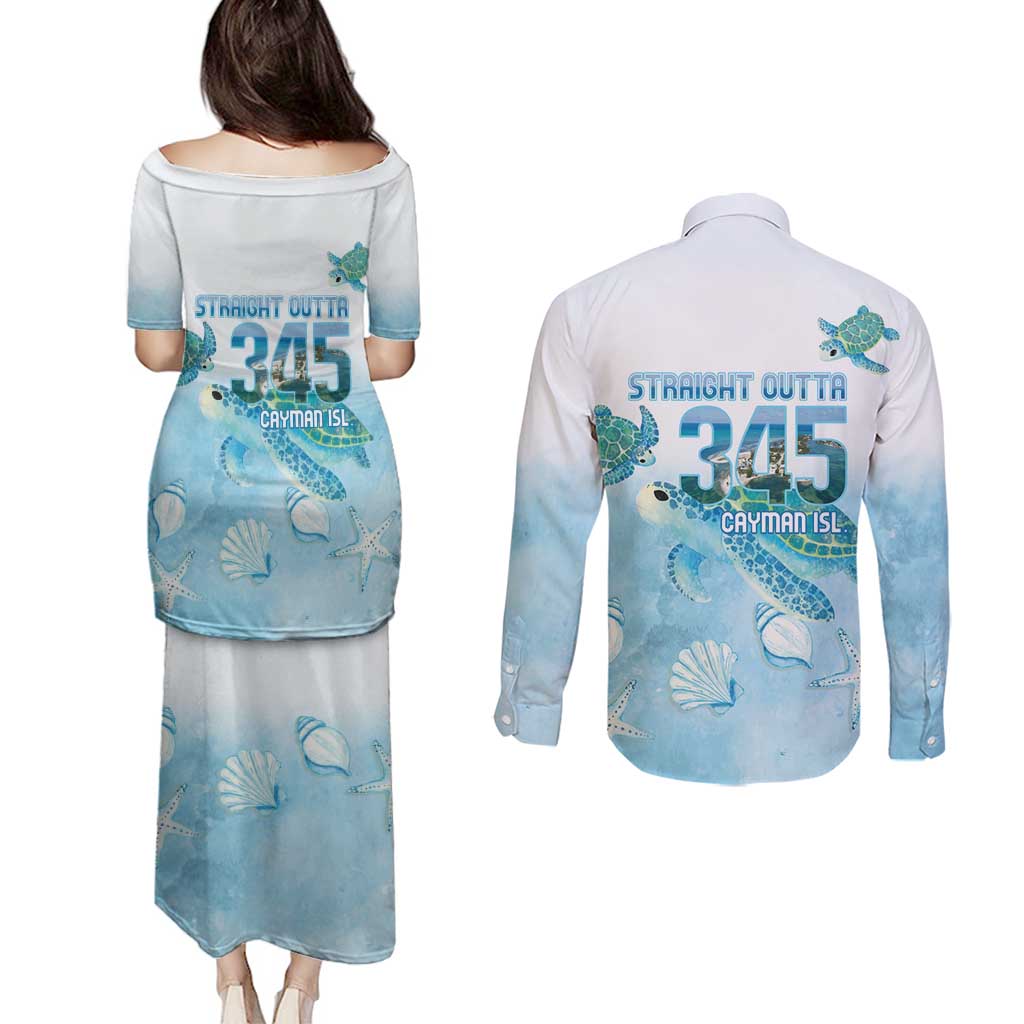 Cayman Islands 345 Couples Matching Puletasi and Long Sleeve Button Shirt Sea Turtle Watercolor Style