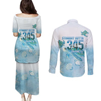 Cayman Islands 345 Couples Matching Puletasi and Long Sleeve Button Shirt Sea Turtle Watercolor Style