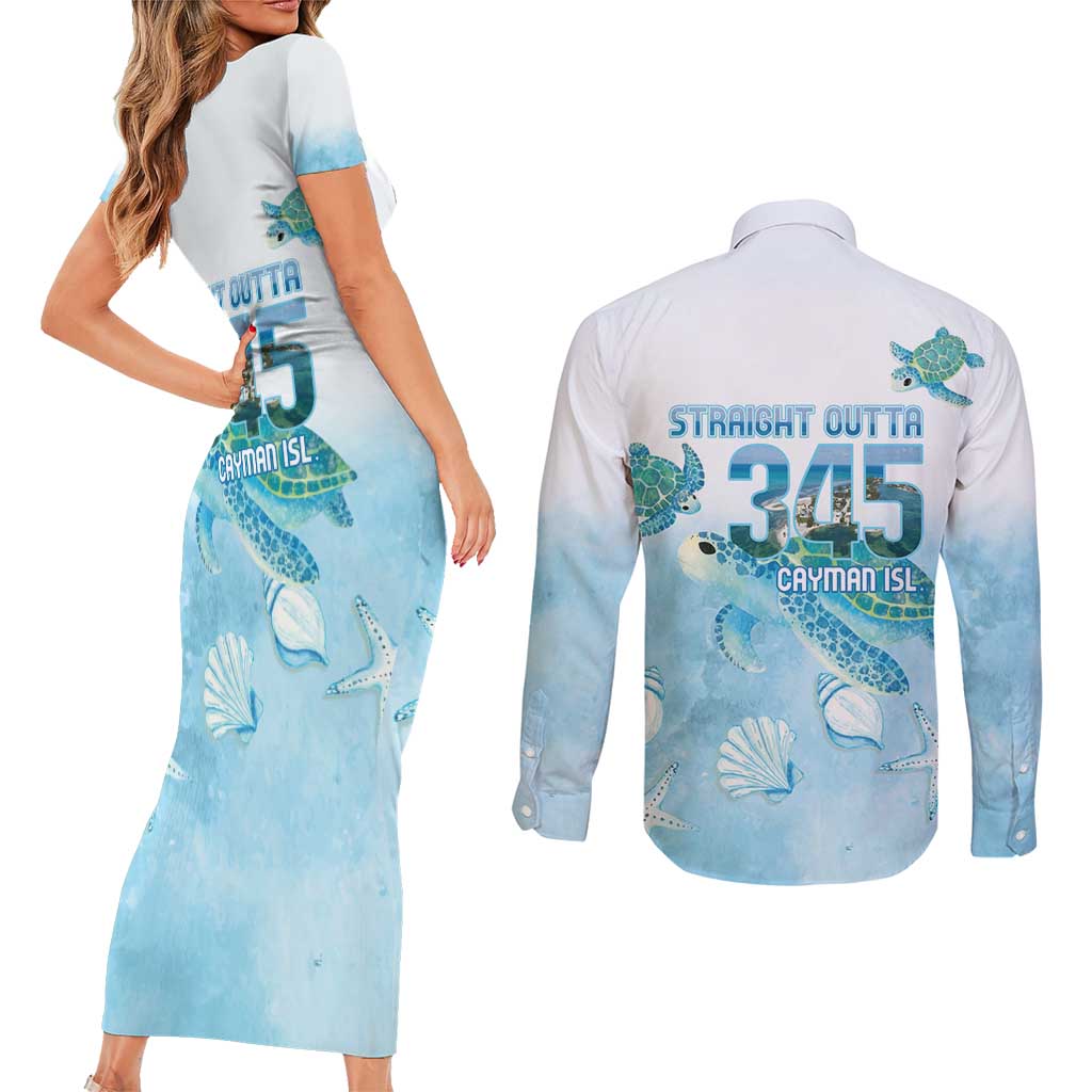 Cayman Islands 345 Couples Matching Short Sleeve Bodycon Dress and Long Sleeve Button Shirt Sea Turtle Watercolor Style