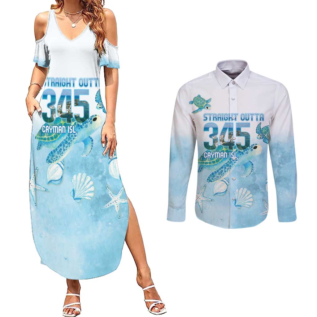 Cayman Islands 345 Couples Matching Summer Maxi Dress and Long Sleeve Button Shirt Sea Turtle Watercolor Style