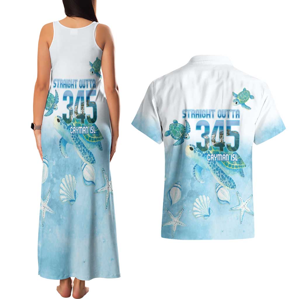 Cayman Islands 345 Couples Matching Tank Maxi Dress and Hawaiian Shirt Sea Turtle Watercolor Style
