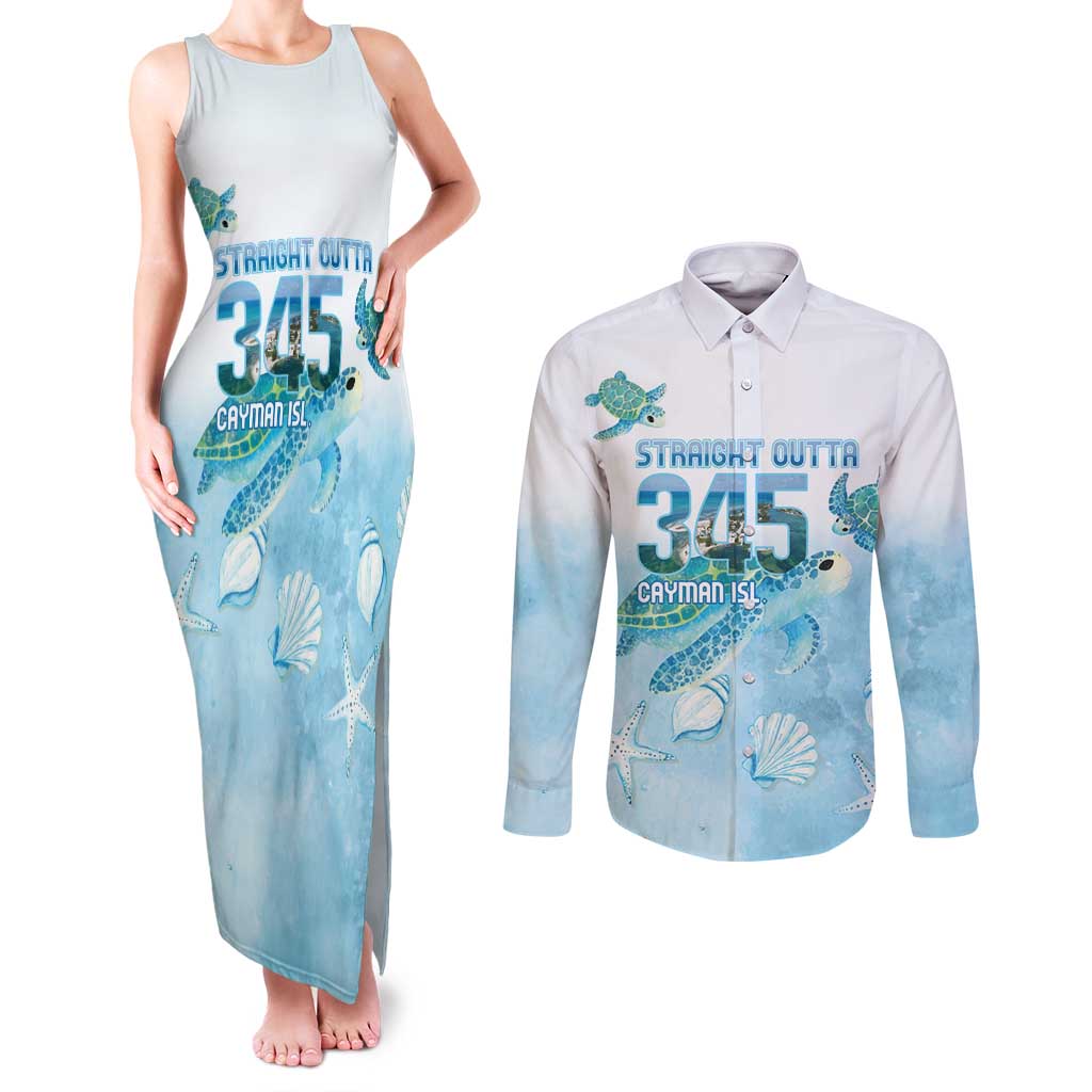 Cayman Islands 345 Couples Matching Tank Maxi Dress and Long Sleeve Button Shirt Sea Turtle Watercolor Style