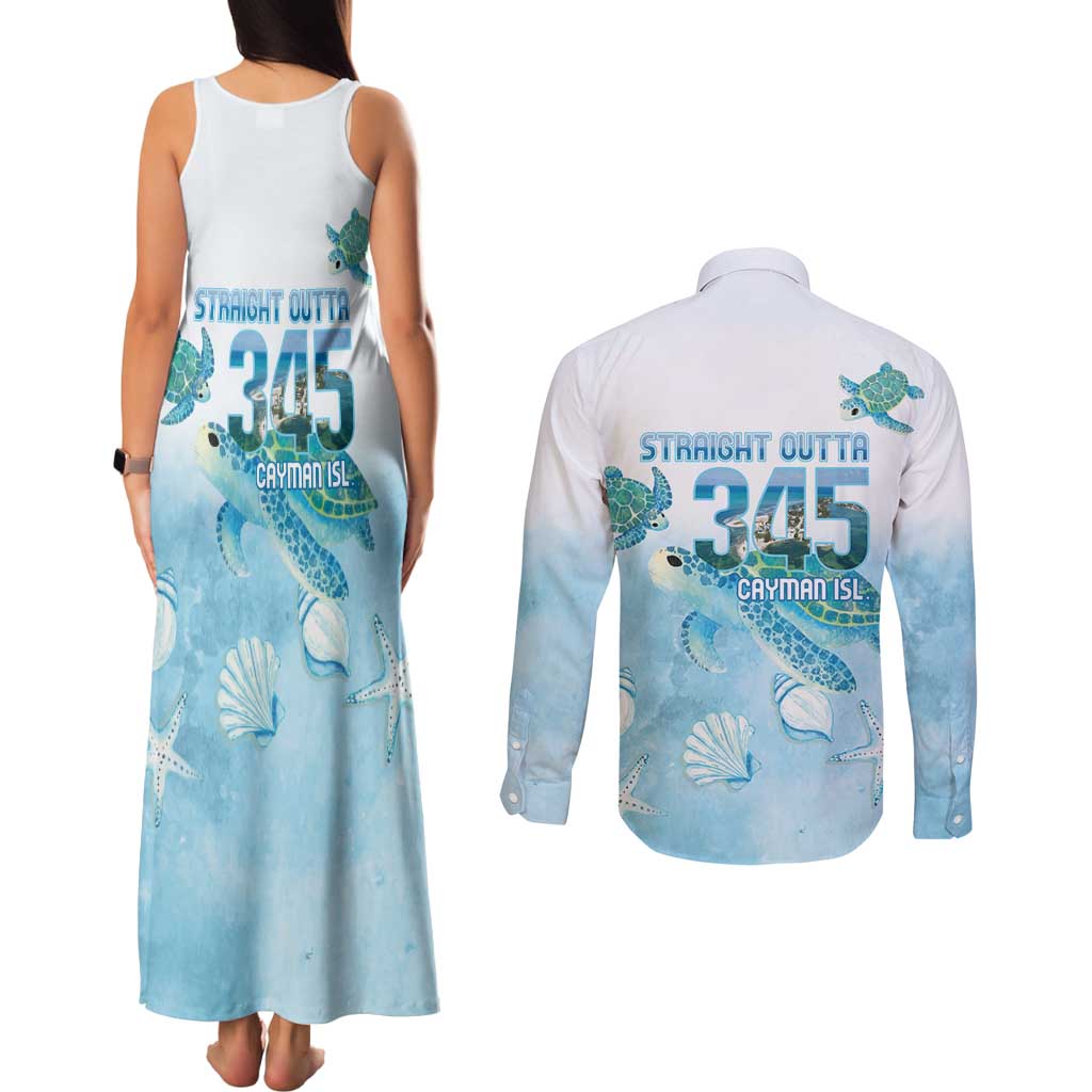 Cayman Islands 345 Couples Matching Tank Maxi Dress and Long Sleeve Button Shirt Sea Turtle Watercolor Style