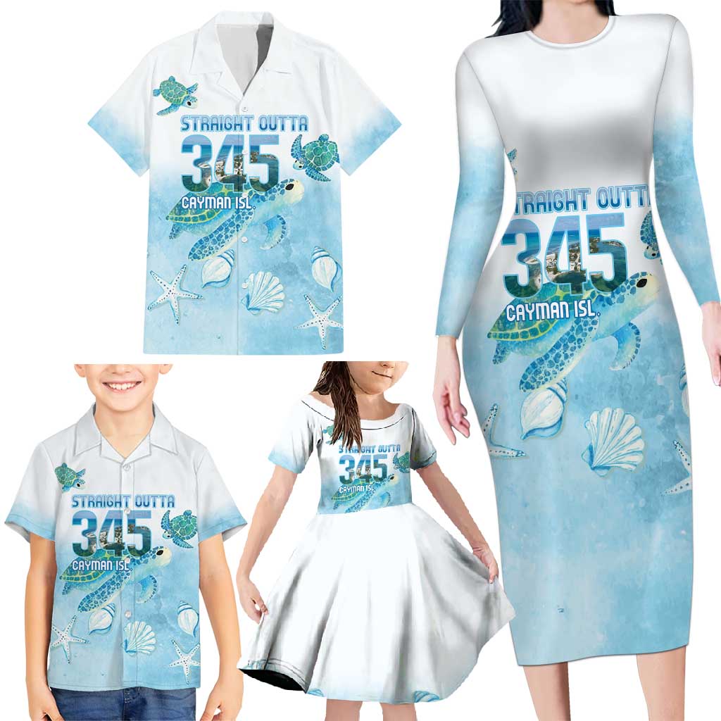 Cayman Islands 345 Family Matching Long Sleeve Bodycon Dress and Hawaiian Shirt Sea Turtle Watercolor Style