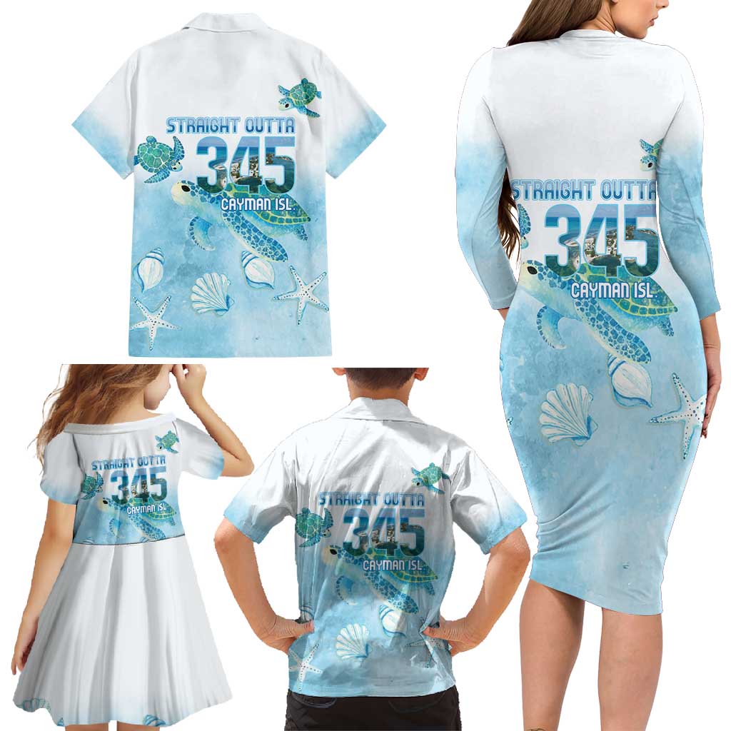 Cayman Islands 345 Family Matching Long Sleeve Bodycon Dress and Hawaiian Shirt Sea Turtle Watercolor Style
