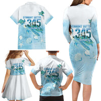 Cayman Islands 345 Family Matching Long Sleeve Bodycon Dress and Hawaiian Shirt Sea Turtle Watercolor Style