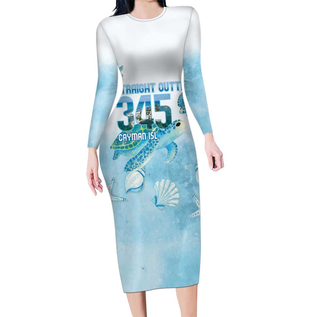 Cayman Islands 345 Family Matching Long Sleeve Bodycon Dress and Hawaiian Shirt Sea Turtle Watercolor Style