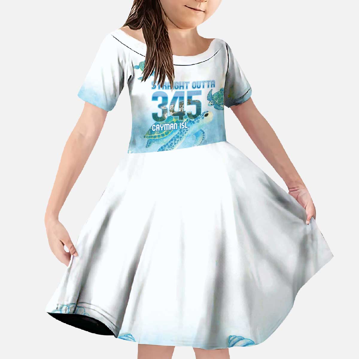 Cayman Islands 345 Family Matching Off The Shoulder Long Sleeve Dress and Hawaiian Shirt Sea Turtle Watercolor Style