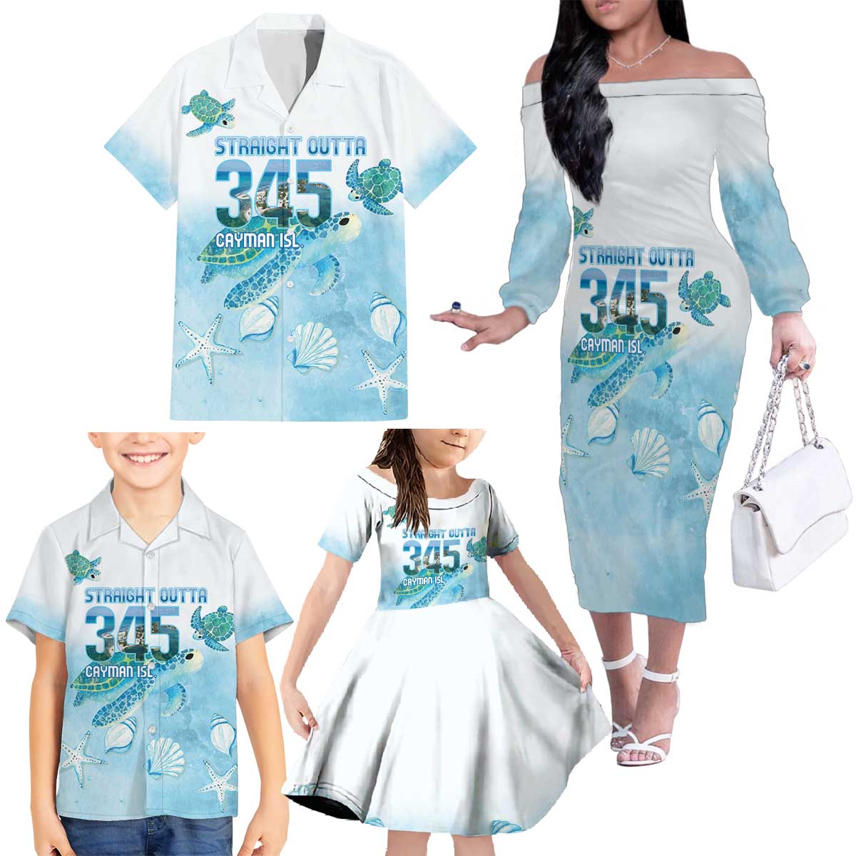 Cayman Islands 345 Family Matching Off The Shoulder Long Sleeve Dress and Hawaiian Shirt Sea Turtle Watercolor Style