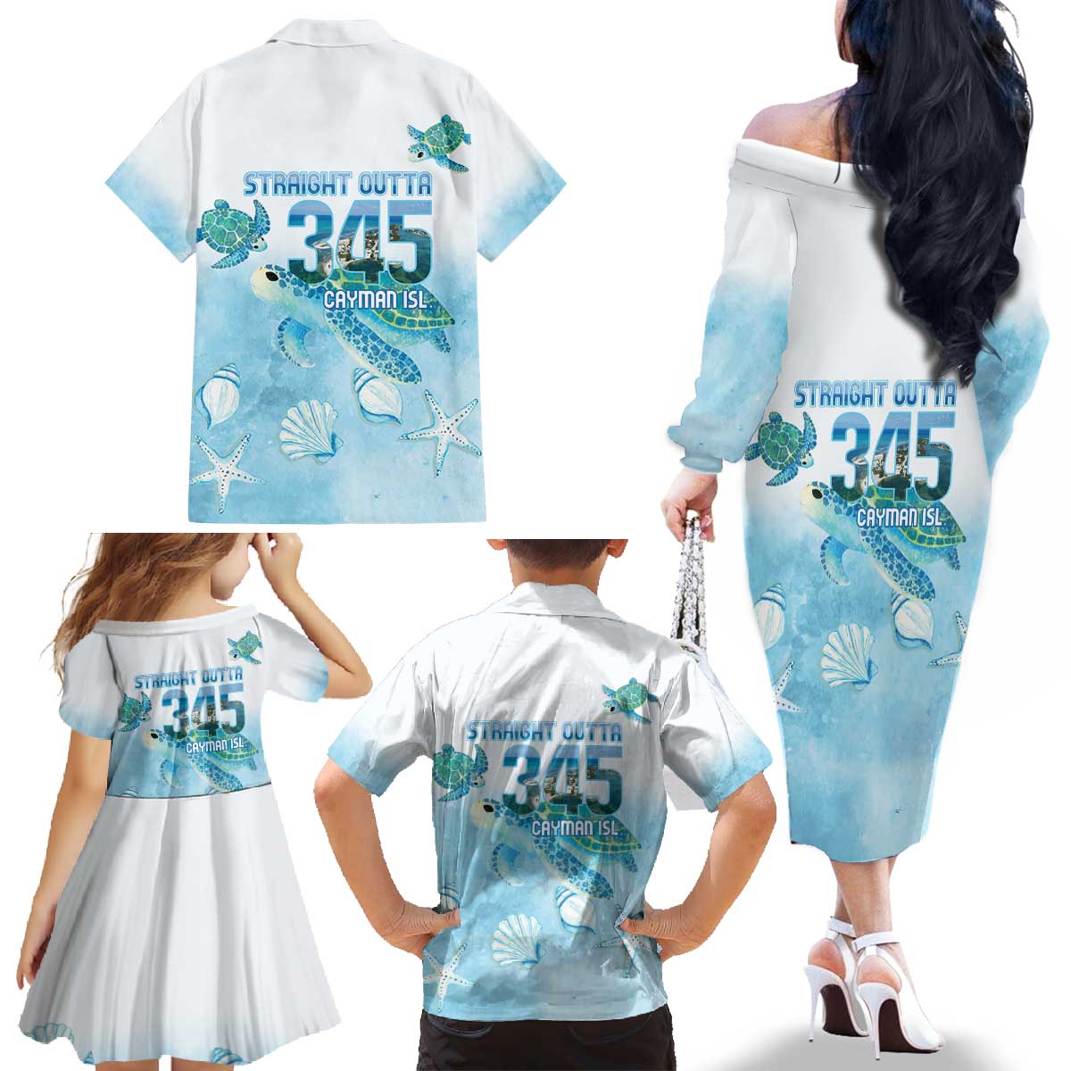 Cayman Islands 345 Family Matching Off The Shoulder Long Sleeve Dress and Hawaiian Shirt Sea Turtle Watercolor Style