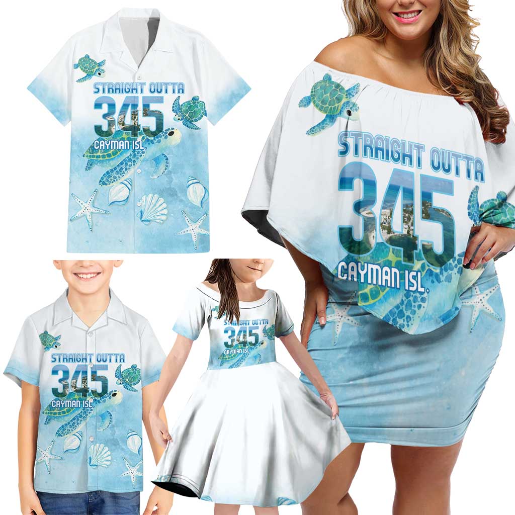 Cayman Islands 345 Family Matching Off Shoulder Short Dress and Hawaiian Shirt Sea Turtle Watercolor Style