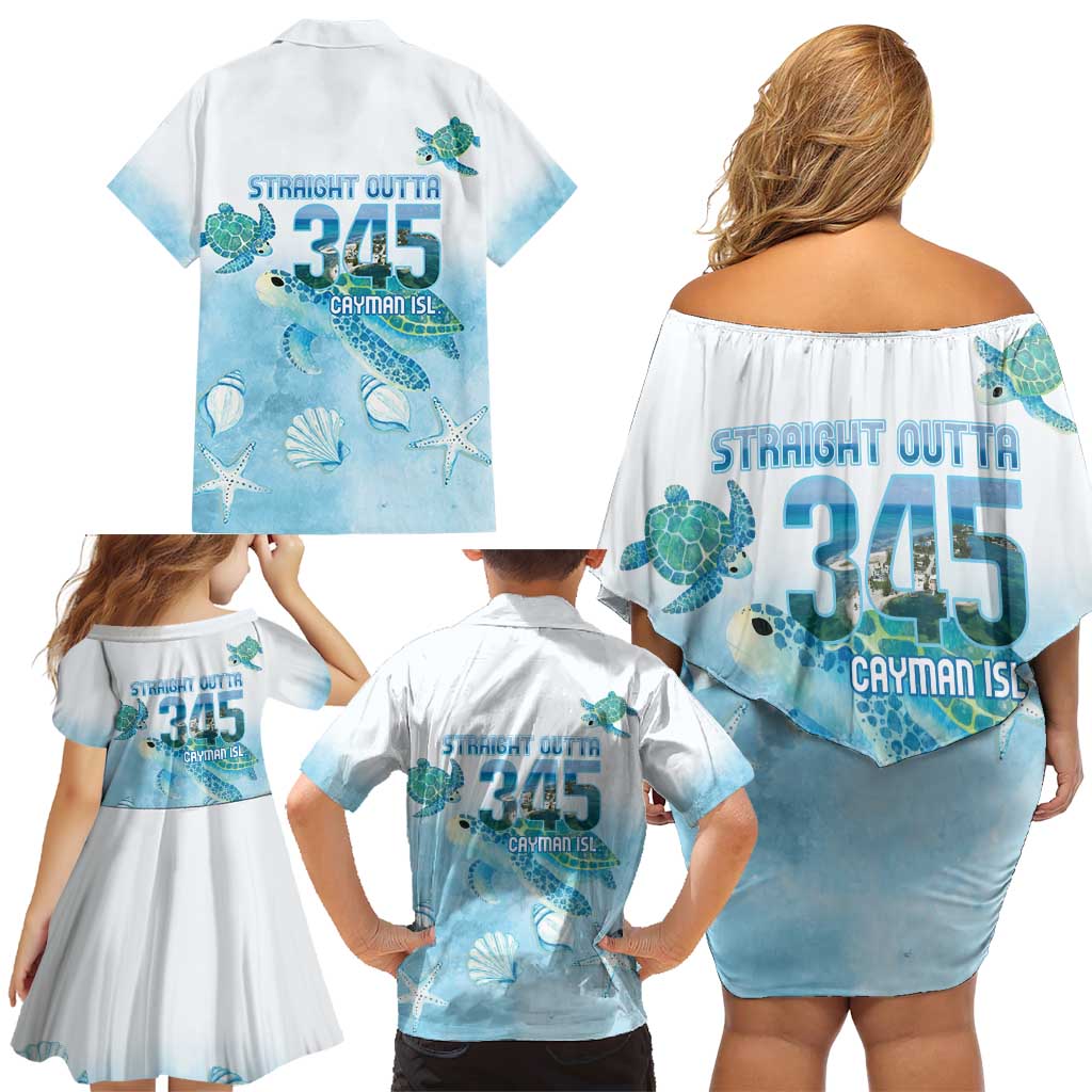 Cayman Islands 345 Family Matching Off Shoulder Short Dress and Hawaiian Shirt Sea Turtle Watercolor Style