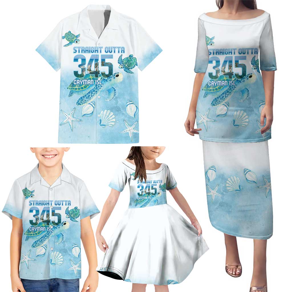 Cayman Islands 345 Family Matching Puletasi and Hawaiian Shirt Sea Turtle Watercolor Style