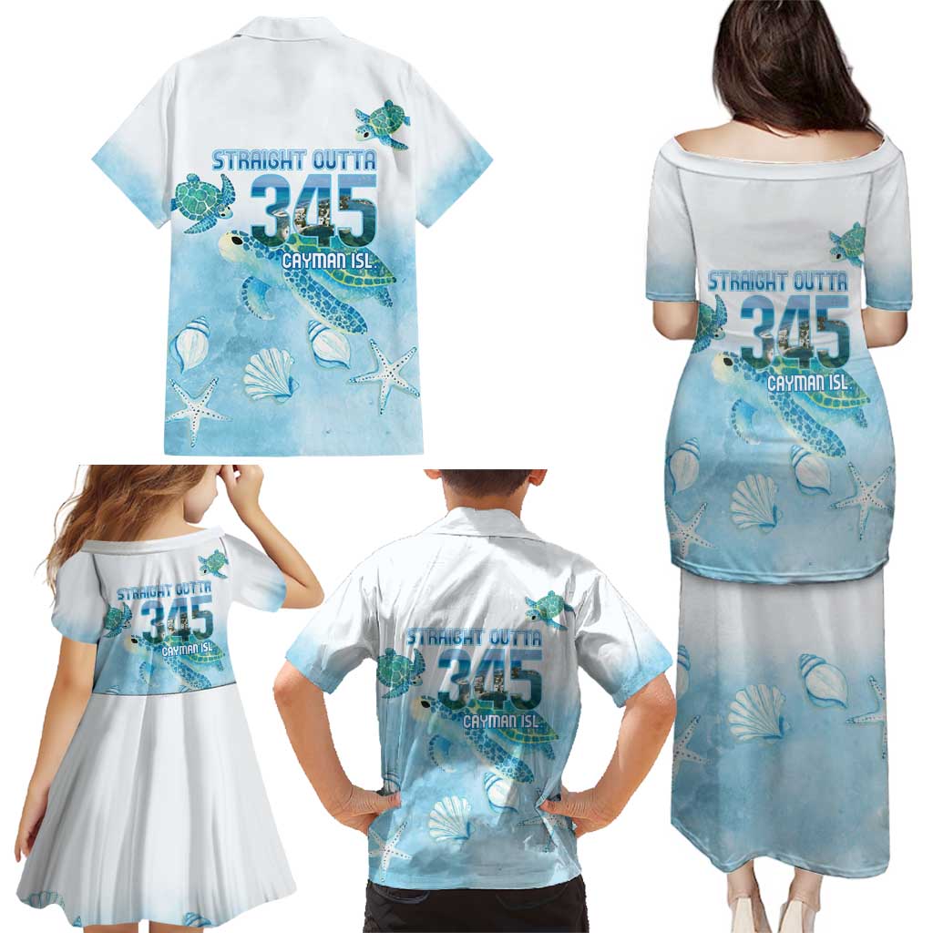 Cayman Islands 345 Family Matching Puletasi and Hawaiian Shirt Sea Turtle Watercolor Style