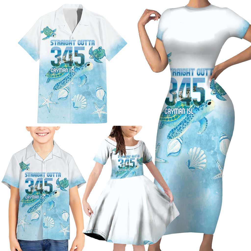 Cayman Islands 345 Family Matching Short Sleeve Bodycon Dress and Hawaiian Shirt Sea Turtle Watercolor Style