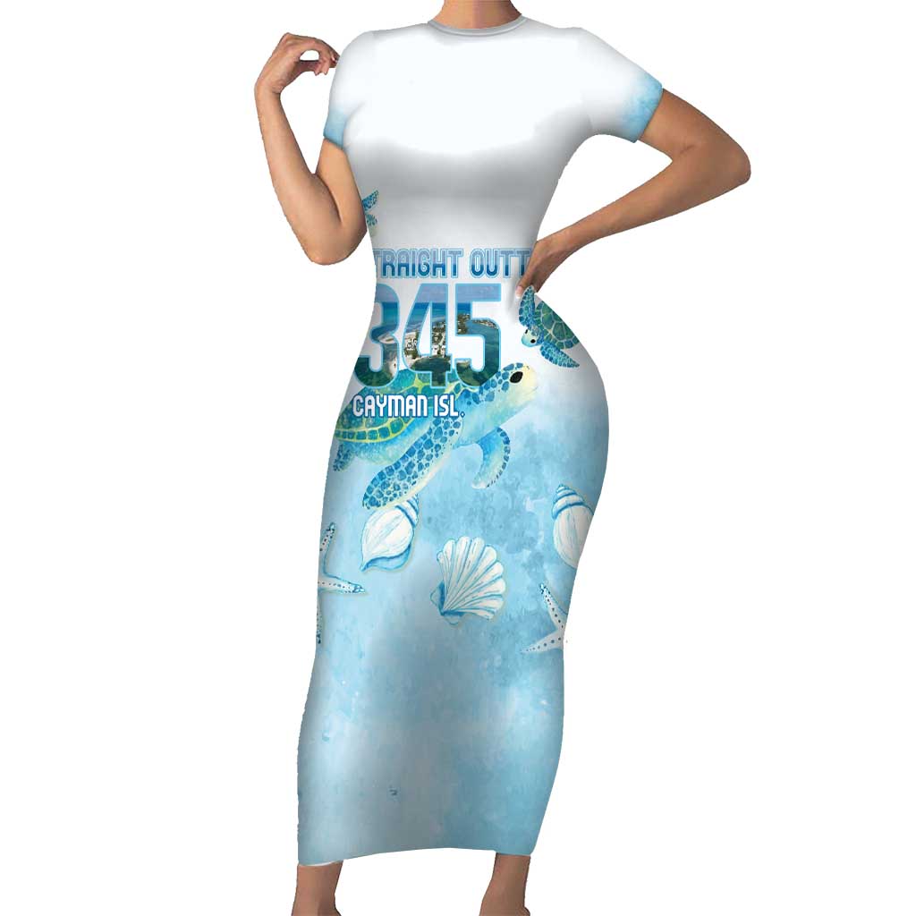 Cayman Islands 345 Family Matching Short Sleeve Bodycon Dress and Hawaiian Shirt Sea Turtle Watercolor Style