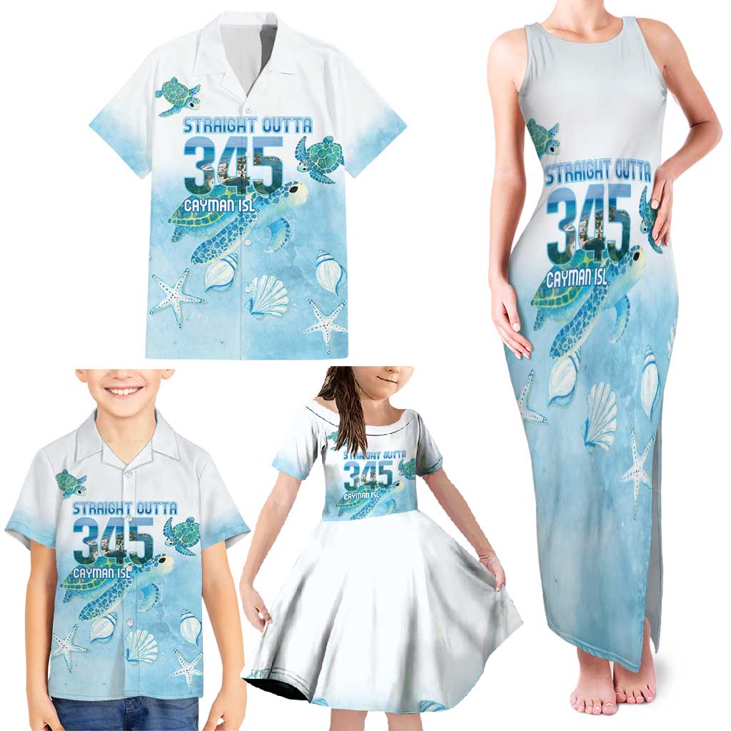 Cayman Islands 345 Family Matching Tank Maxi Dress and Hawaiian Shirt Sea Turtle Watercolor Style