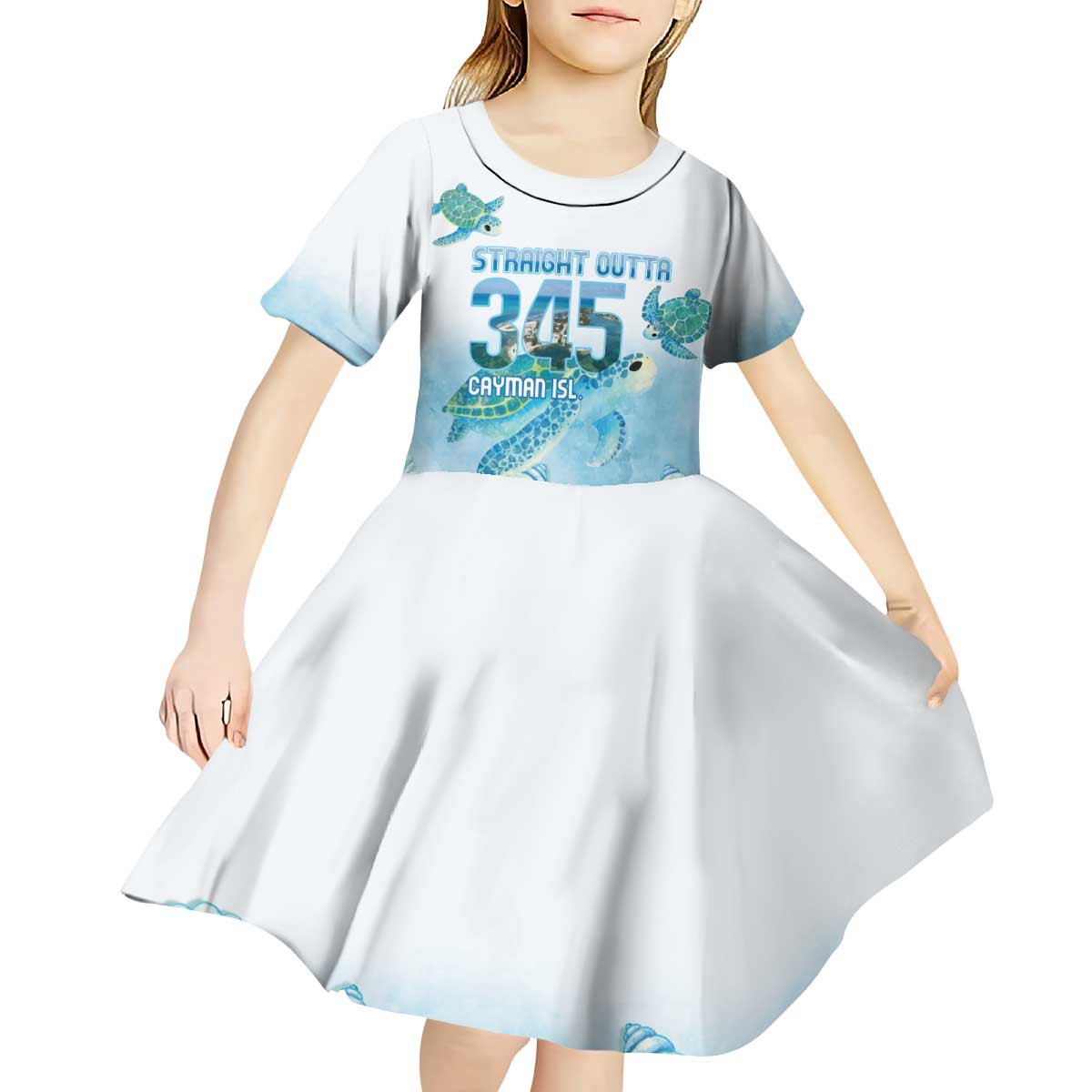 Cayman Islands 345 Kid Short Sleeve Dress Sea Turtle Watercolor Style