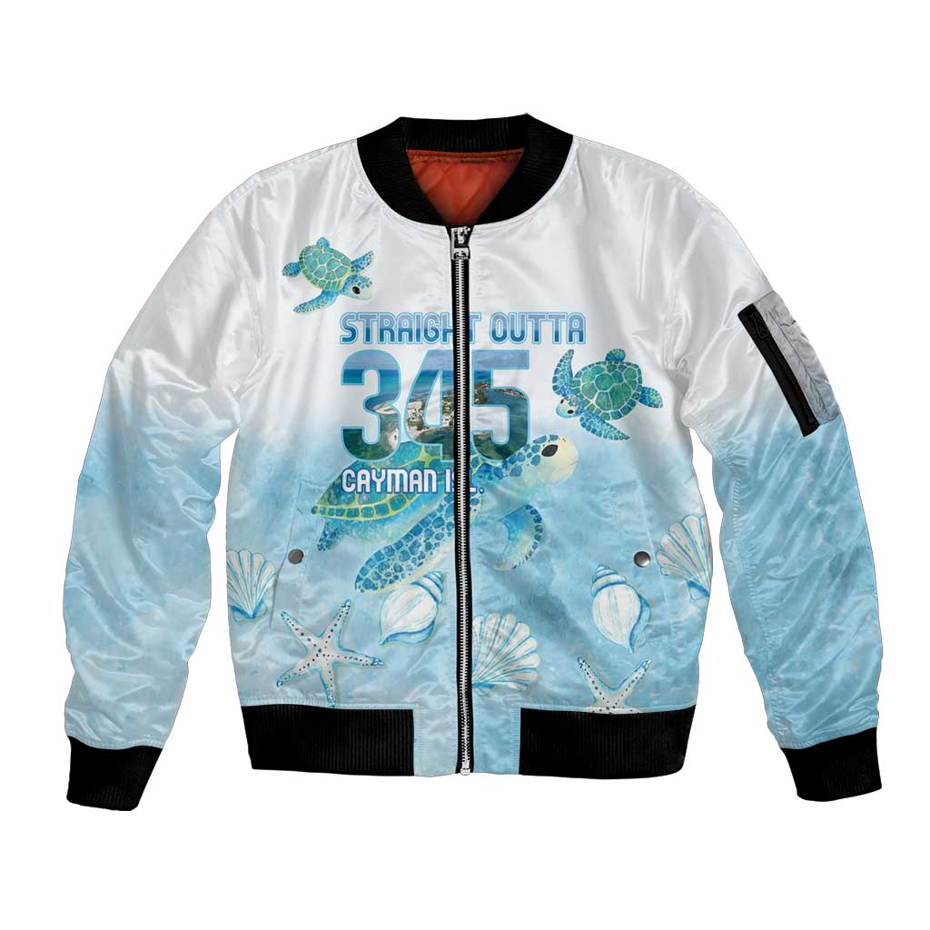 Cayman Islands 345 Sleeve Zip Bomber Jacket Sea Turtle Watercolor Style