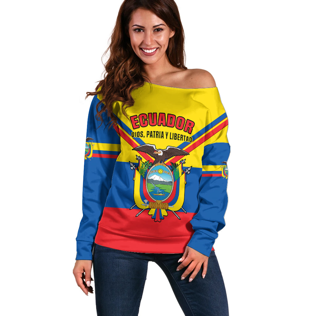 Personalised Ecuador Off Shoulder Sweater Ecuadorian Coat Of Arms Yellow Version - Wonder Print Shop