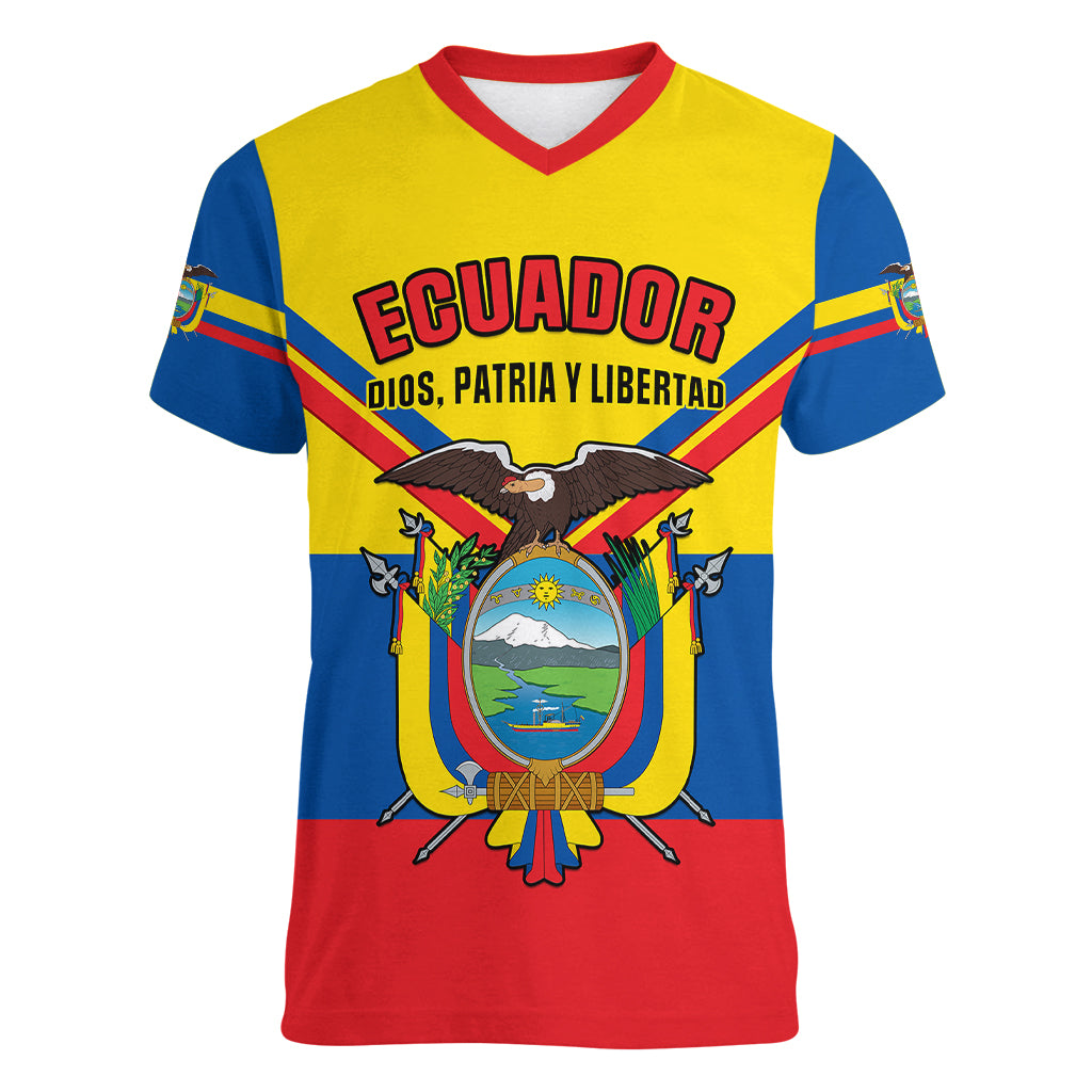 Personalised Ecuador Women V Neck T Shirt Ecuadorian Coat Of Arms Yellow Version - Wonder Print Shop